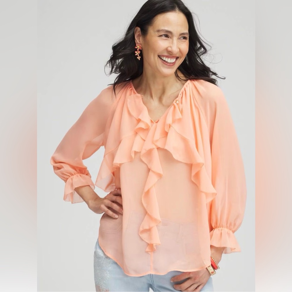🌷CHICO’S GEORGETTE SHEER RUFFLED BLOUSE SZ 3 (16/XL) NWT